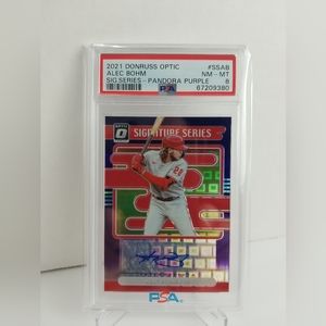2021 Alec Bohm RC Donruss Optic Signature Series Pandora Purple 1/8 -PSA 8 NM-MT